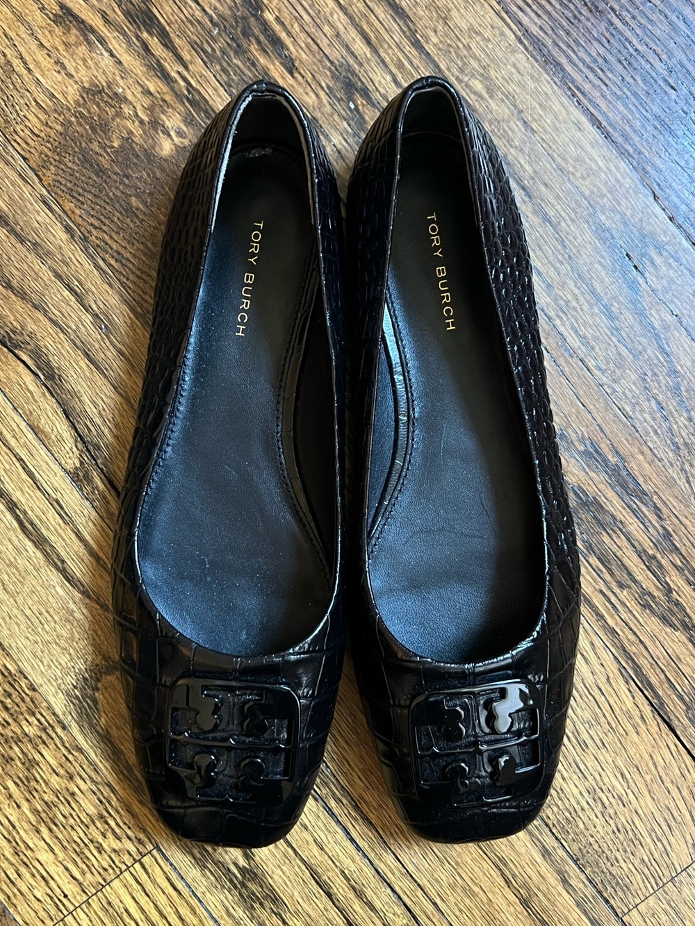 Tory Burch Black Croc-Embossed Leather Square-Toe Flats